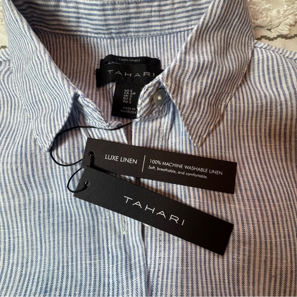 NWT Tahari 100% Linen Blue & White Pin Striped Short Sleeve Small Dress - Picture 5 of 6